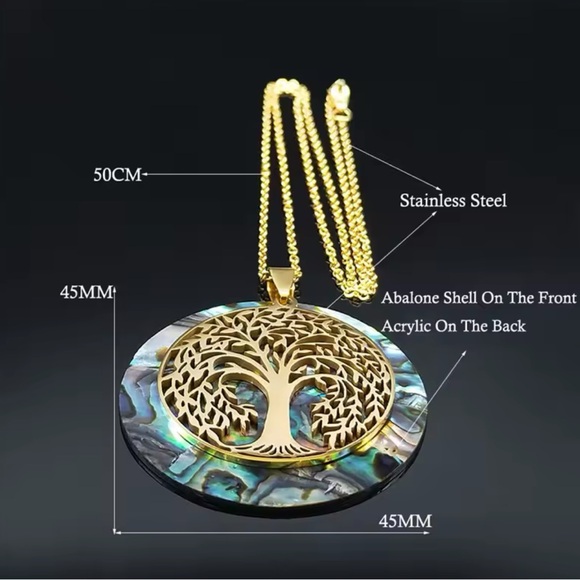 Tree of Life-Stainless Steel Natural Abalone Shell Necklace (Gold Color) - Picture 5 of 9